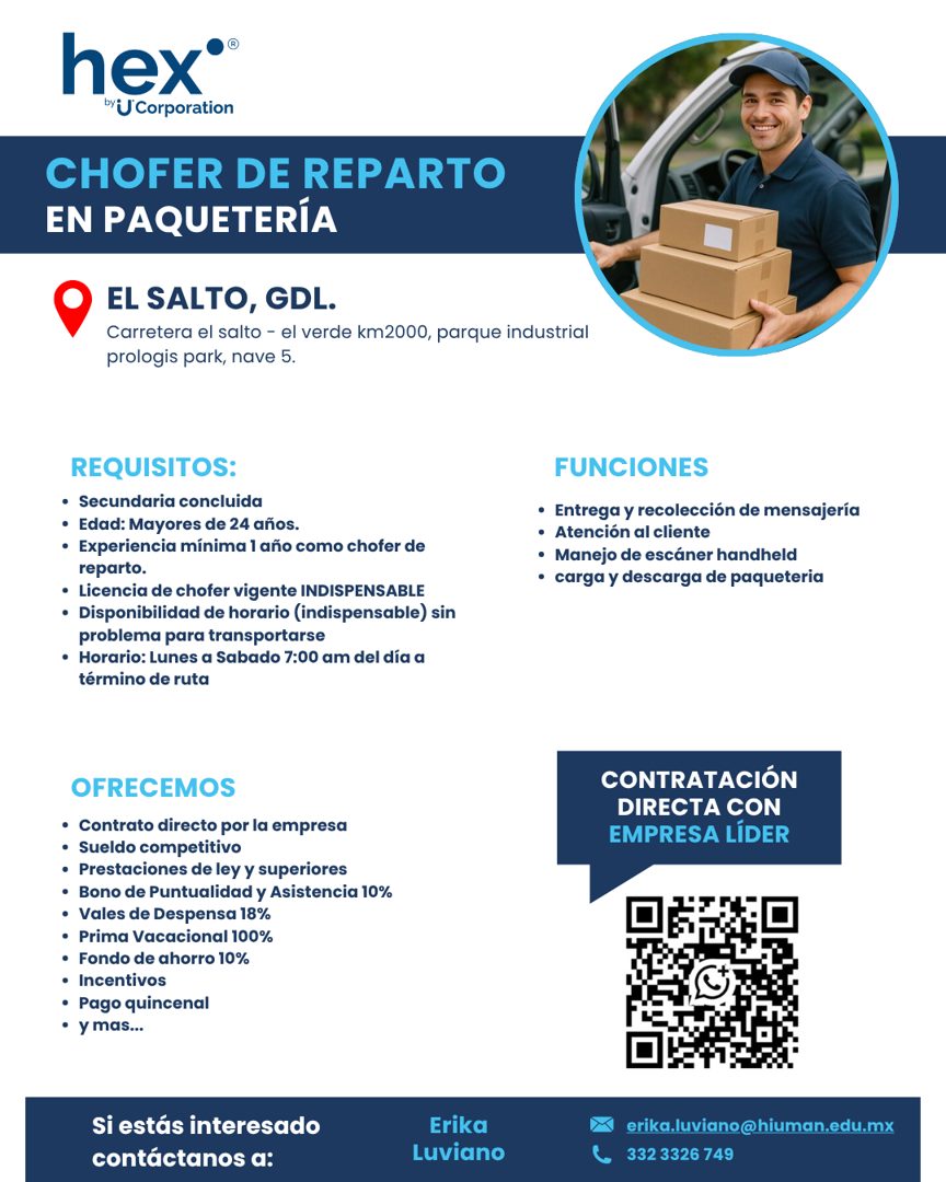 Banner del anuncio de la vacante: hex®® · by U Corporation · CHOFER DE REPARTO · EN PAQUETERÍA · EL SALTO, GDL. · Carretera el salto - el verde km2000, parque industrial · pr