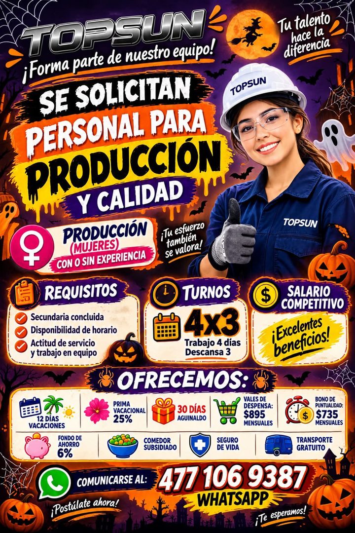 Banner del anuncio de la vacante: TOPSUN · ¡Forma parte de nuestro equipo! · SE SOLICITAN · PERSONAL PARA · PRODUCCIÓN · Y CALIDAD · PRODUCCIÓN · (MUJERES) · ¡Tu esfuerzo · t