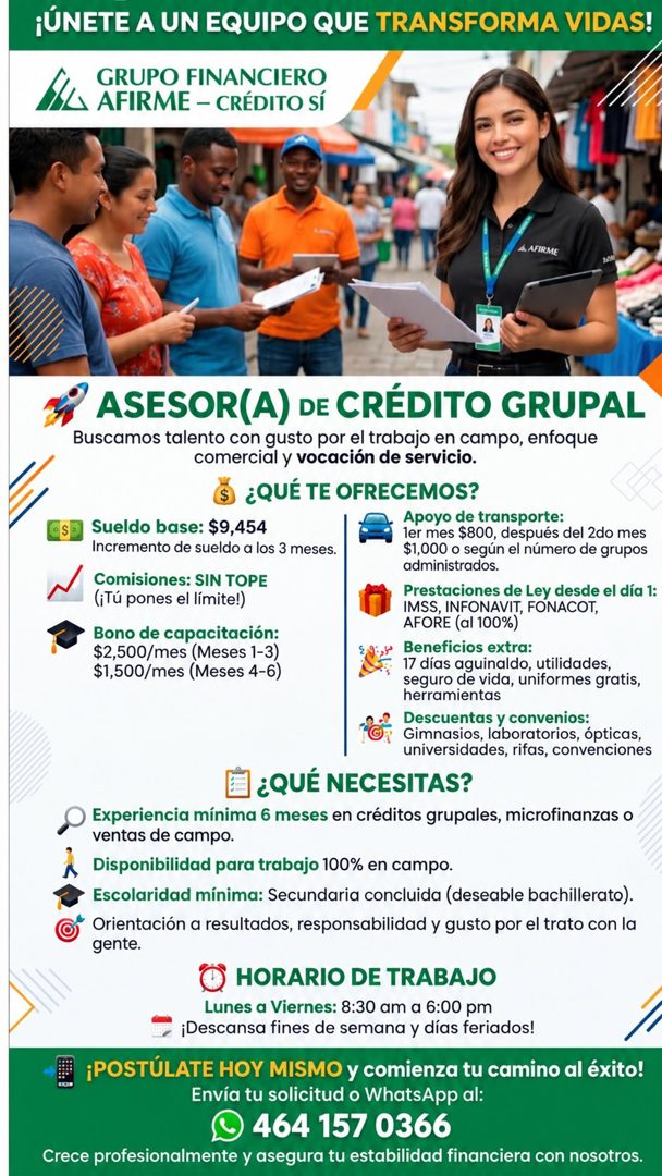 Banner del anuncio de la vacante: ¡ÚNETE A UN EQUIPO QUE TRANSFORMA VIDAS! · GRUPO FINANCIERO · AFIRME - CRÉDITO SÍ · 6. AFIRME · ASESOR(A) DE CRÉDITO GRUPAL · Buscamos talen