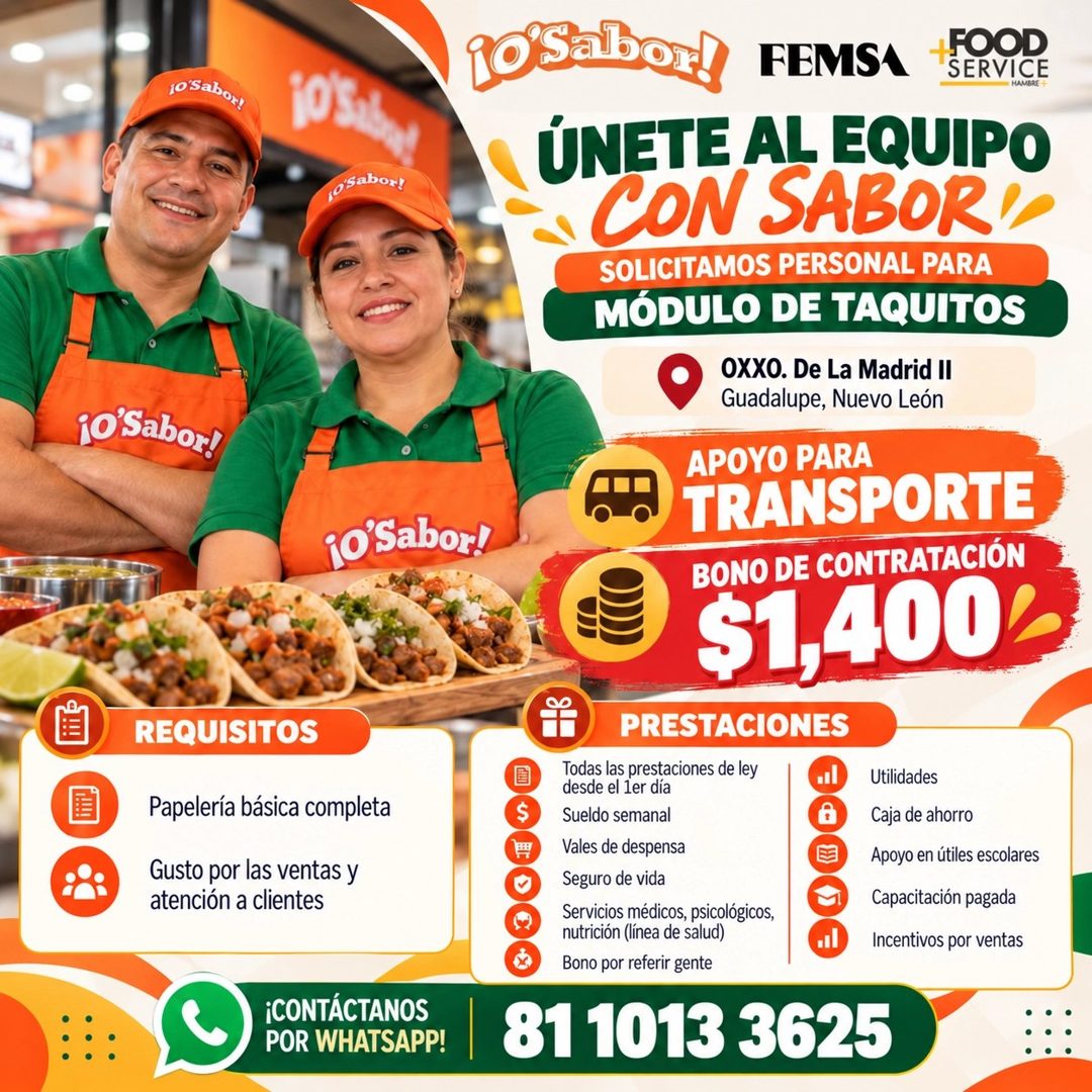 Banner del anuncio de la vacante: jo Sabot · 105L · o Sabor! · To Sabor! · ¡OSabor! · REQUISITOS · Papelería básica completa · Gusto por las ventas y · atención a clientes · 