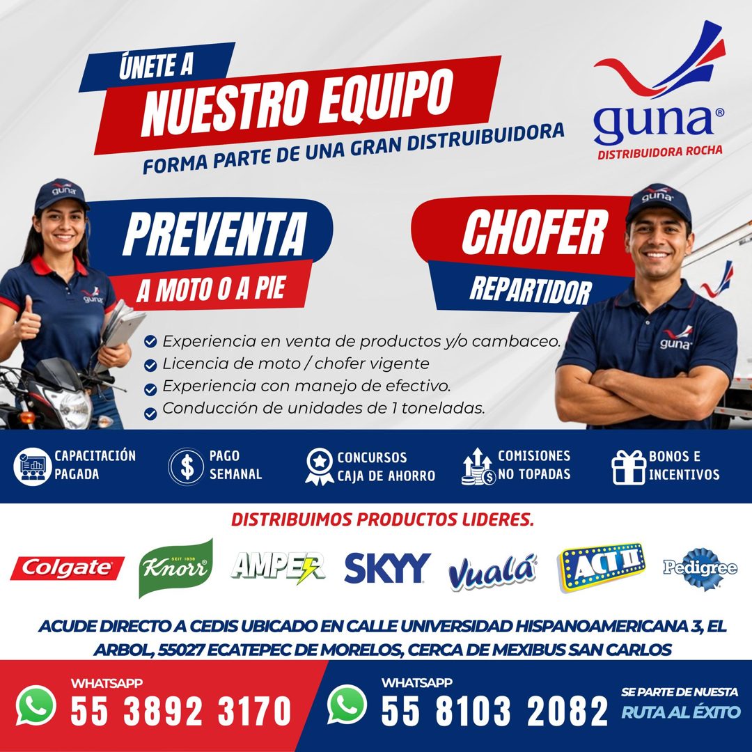Banner del anuncio de la vacante: ÚNETE A · NUESTRO EQUIPO · FORMA PARTE DE UNA GRAN DISTRUIBUIDORA · guna · guna® · DISTRIBUIDORA ROCHA · guna · PREVENTA · CHOFER · A MOTO O