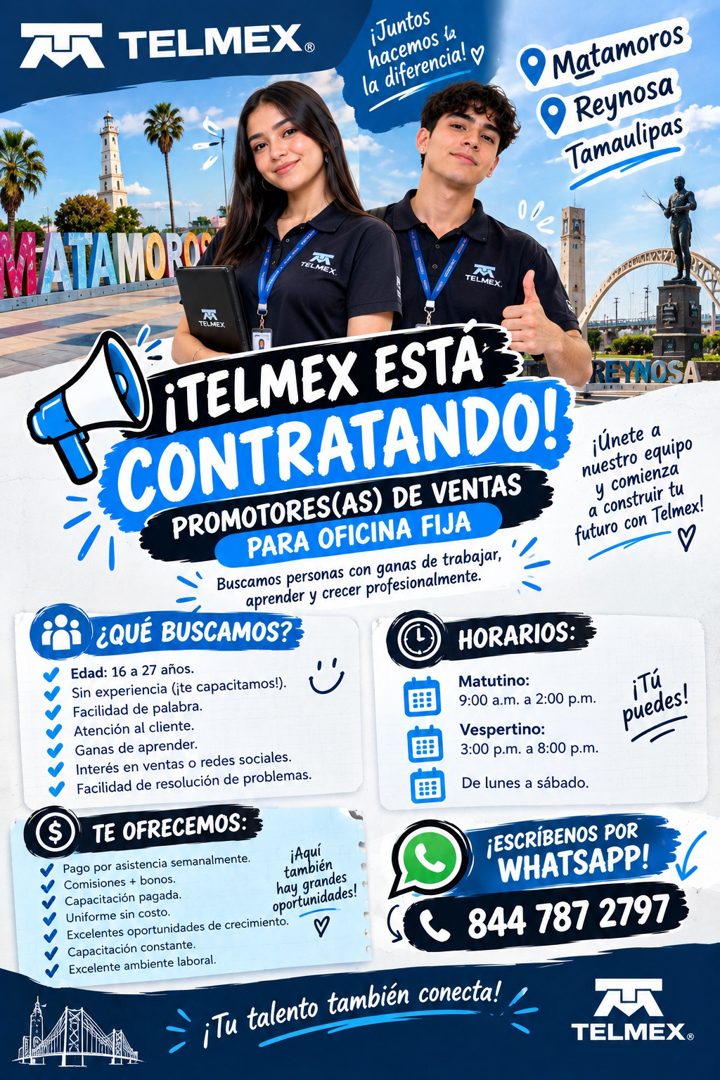 Banner del anuncio de la vacante: MT TELMEX. · ¡Juntos · hacemos la · la diferencia! y · © Matamoros · Reynosa · Tamaulipas · CATAMOROS · TELMEX. · TELMEX. · TELMEX · ¡TELMEX