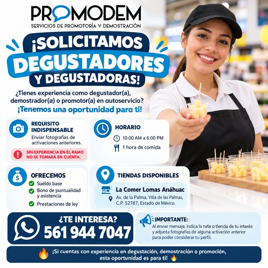 Banner del anuncio de la vacante: PROMODEM · SERVICIOS DE PROMOTORÍA Y DEMOSTRACIÓN · ¡SOLICITAMOS · DEGUSTADORES · Y DEGUSTADORAS! · ¿Tienes experiencia como degustador(a), 