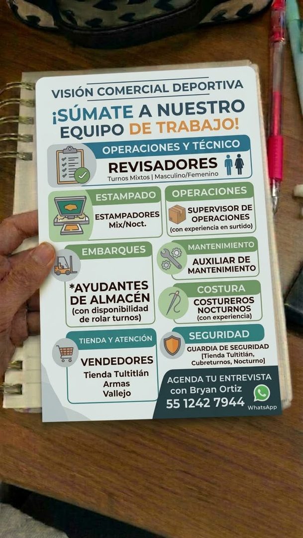 Banner del anuncio de la vacante: VISIÓN COMERCIAL DEPORTIVA · ¡SÚMATE A NUESTRO · EQUIPO DE TRABAJO! · OPERACIONES Y TÉCNICO · REVISADORES · Turnos Mixtos | Masculino/Femeni