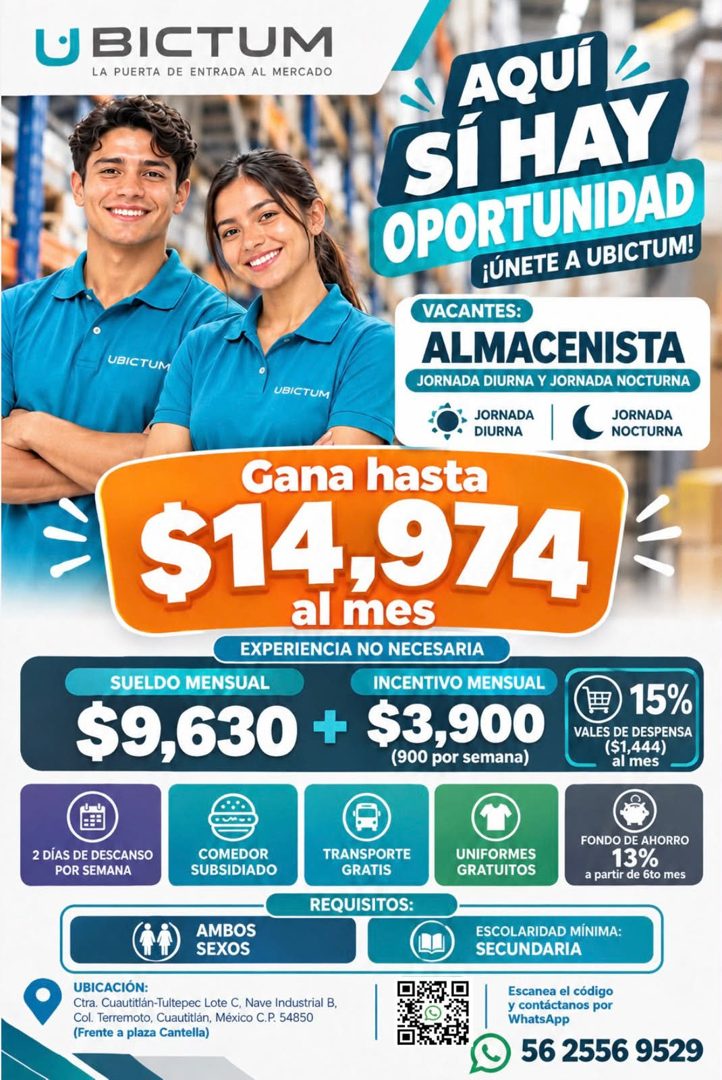 Banner del anuncio de la vacante: UBICTUM · LA PUERTA DE ENTRADA AL MERCADO · AQUÍ L · Si HAY · OPORTUNIDAD · ¡ÚNETE A UBICTUM! · UBICTUM · VACANTES: · ALMACENISTA · JORNADA 
