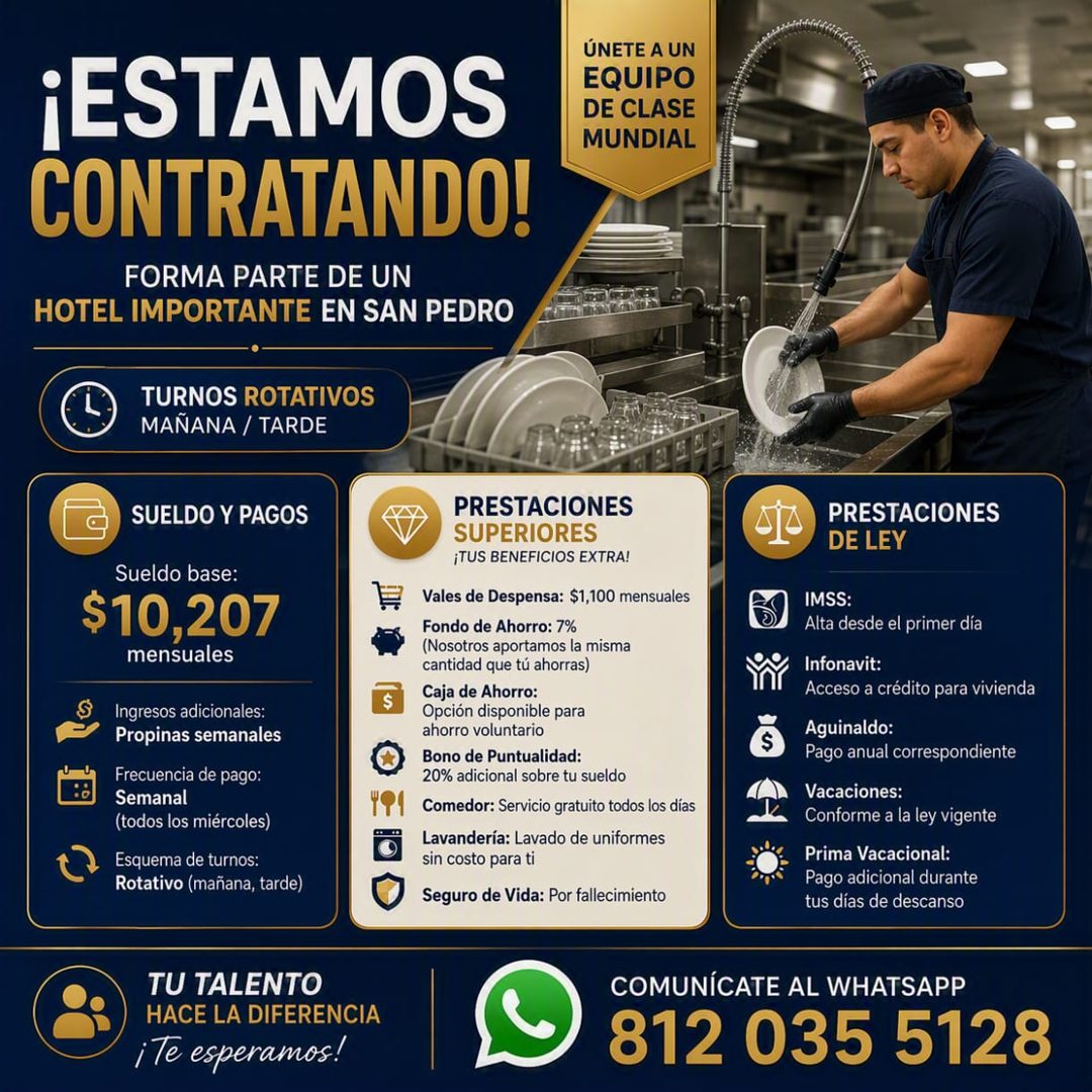 Banner del anuncio de la vacante: ¡ESTAMOS · CONTRATANDO! · FORMA PARTE DE UN · HOTEL IMPORTANTE EN SAN PEDRO · ÚNETE A UN · EQUIPO · DE CLASE · MUNDIAL · TURNOS ROTATIVOS · 