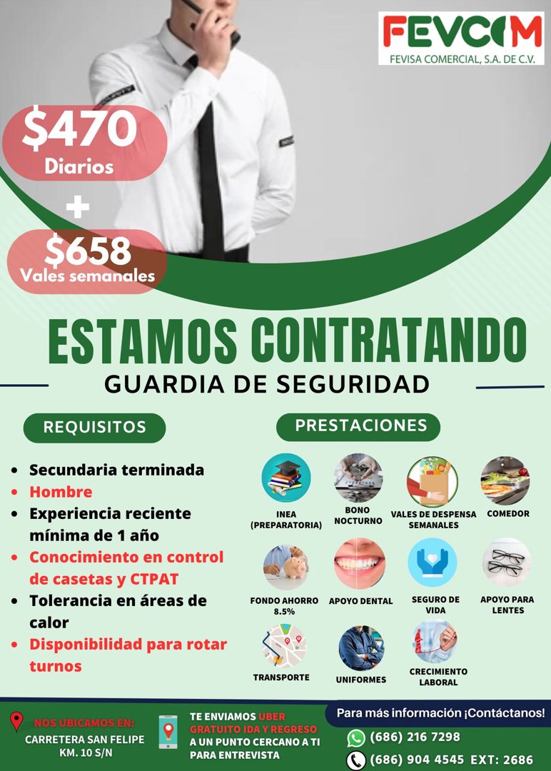 Banner del anuncio de la vacante: FEVCIM · FEVISA COMERCIAL, S.A. DE C.V. · $470 · Diarios · $658 · Vales semanales · ESTAMOS CONTRATANDO · GUARDIA DE SEGURIDAD · REQUISITOS 