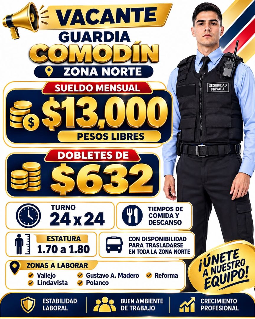 Banner del anuncio de la vacante: VACANTE · GUARDIA · COMODIN · ZONA NORTE · SUELDO MENSUAL · s $13.000 · PESOS LIBRES · DOBLETES DE · $632 · TURNO · 24x24 · TIEMPOS DE · COM
