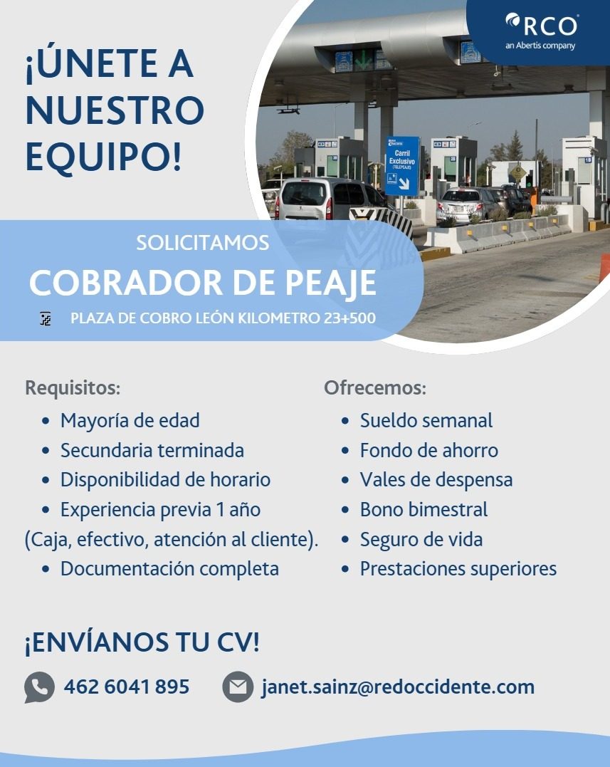 Banner del anuncio de la vacante: ORCO · an Abertis company · ¡ÚNETE A · NUESTRO · EQUIPO! · Carril · Exclusivo · MI · SOLICITAMOS · COBRADOR DE PEAJE · PLAZA DE COBRO LEÓN K