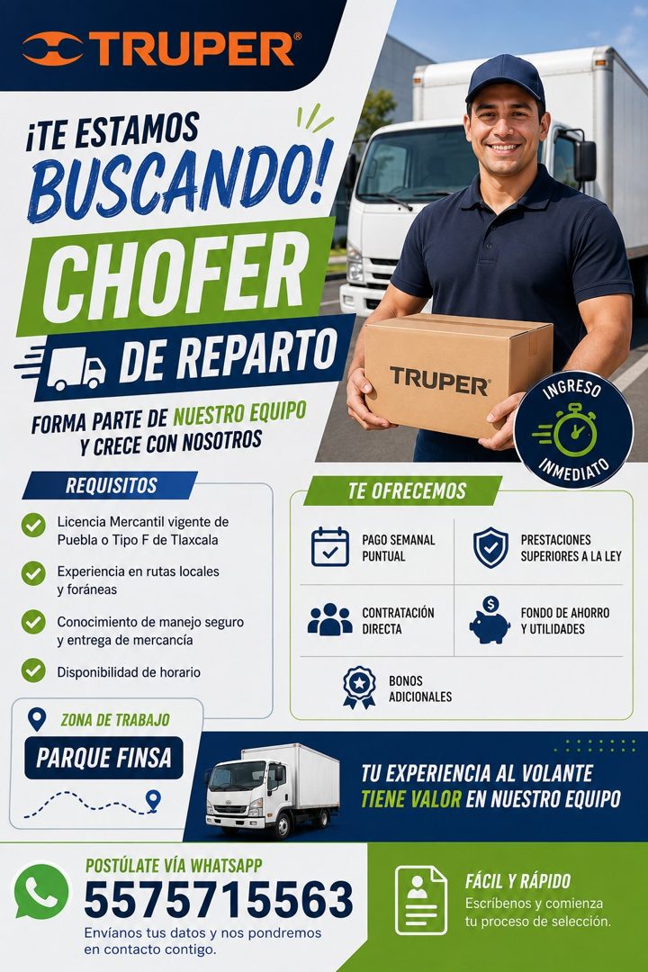 Banner del anuncio de la vacante: C TRUPER® · iTE ESTAMOS · BUSCANDO! · CHOFER · Ca DE REPARTO · FORMA PARTE DE NUESTRO EQUIPO · Y CRECE CON NOSOTROS · REQUISITOS · Licencia 
