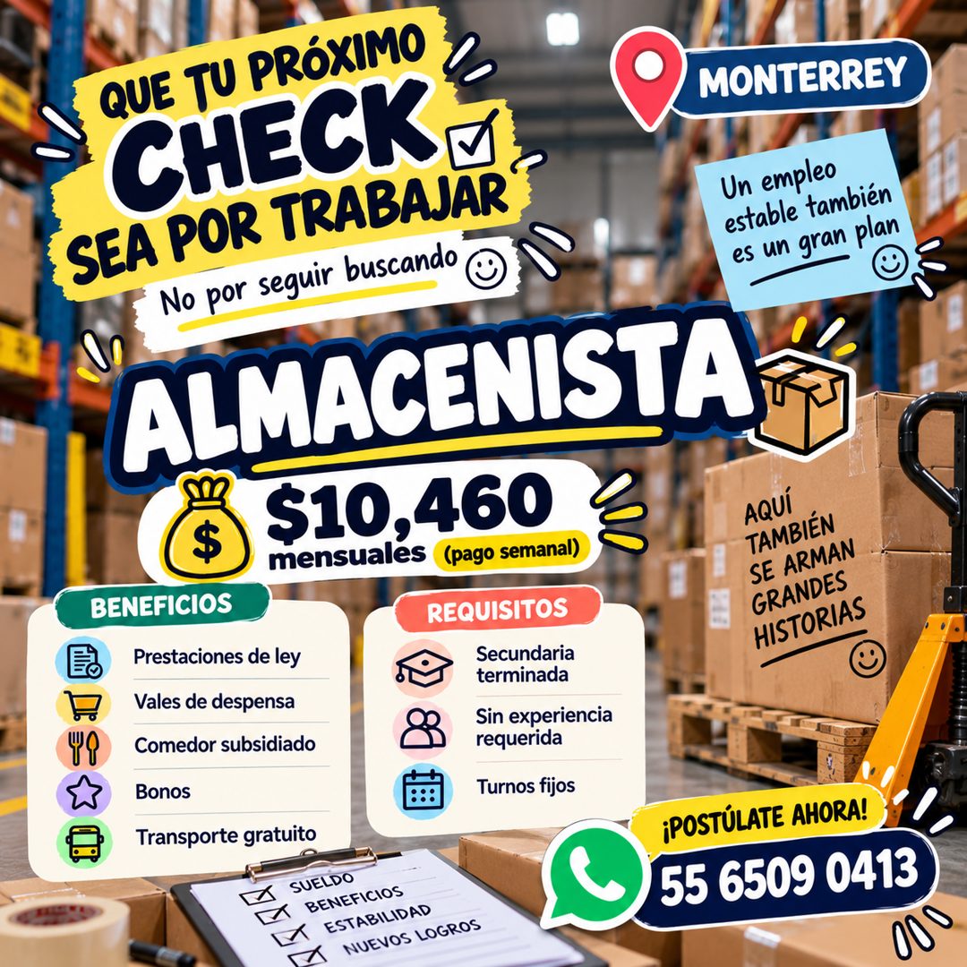 Banner del anuncio de la vacante: QUE TU PRÓXIMO · CHECK · O MONTERREY · SEA POR TRABAJAR · No por seguir buscando · Un empleo · estable también · es un gran plan · ALMACENIS