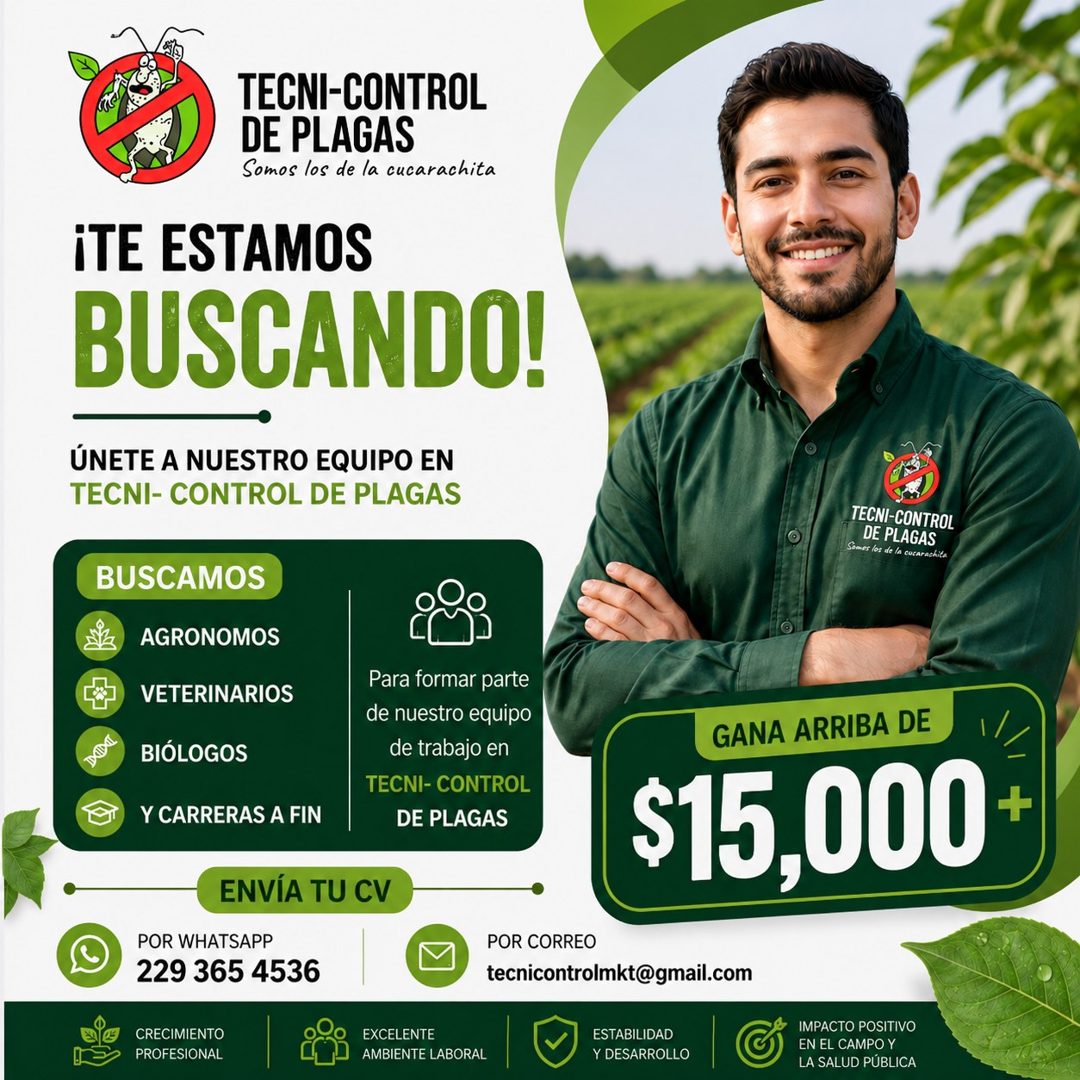 Banner del anuncio de la vacante: TECNI-CONTROL · DE PLAGAS · Somos los de la cucarachita · ¡TE ESTAMOS · BUSCANDO! · ÚNETE A NUESTRO EQUIPO EN · TECNI- CONTROL DE PLAGAS · T