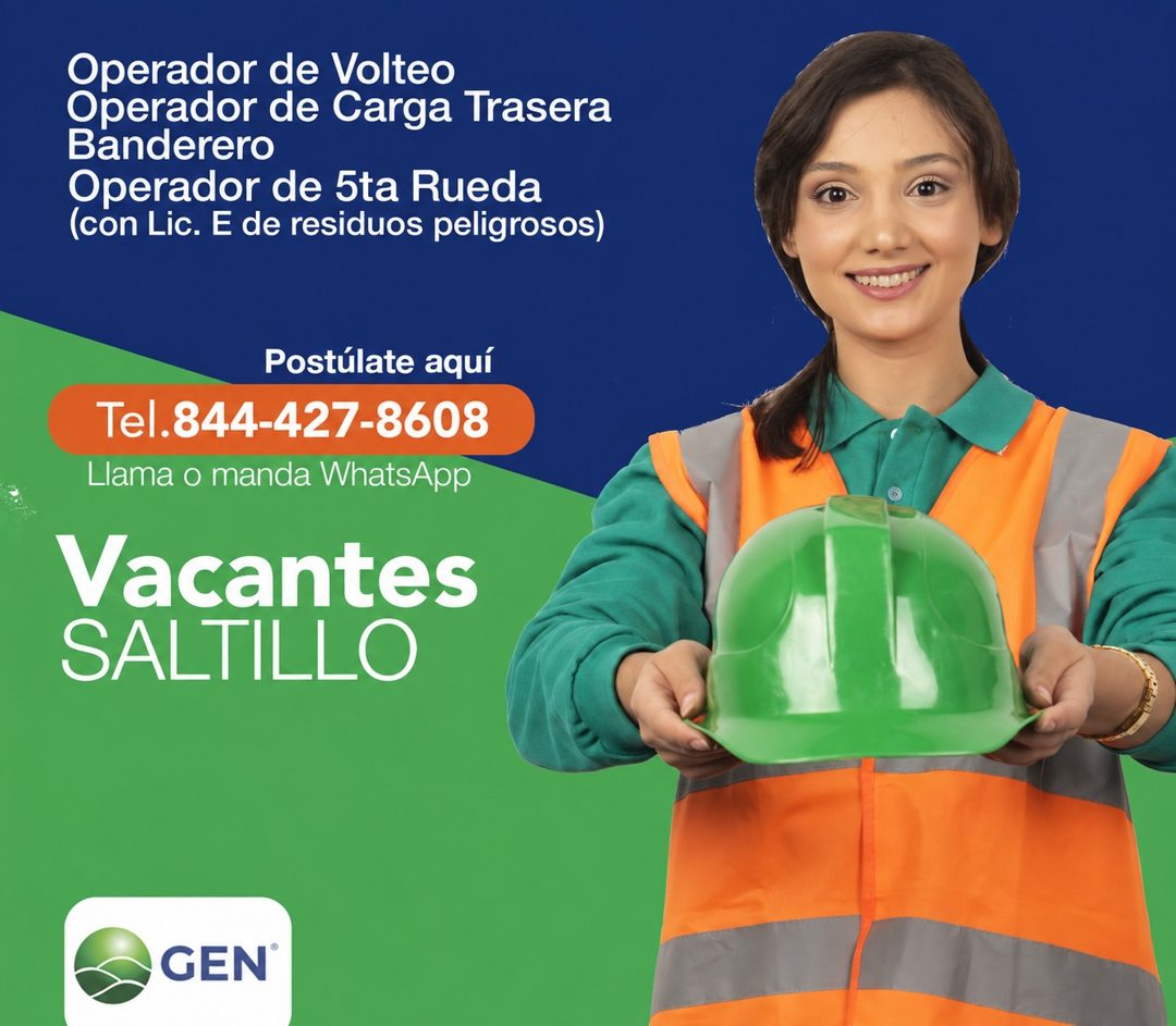 Banner del anuncio de la vacante: Operador de Volteo · Operador de Carga Trasera · Banderero · Operador de 5ta Rueda · (con Lic. E de residuos peligrosos) · Postúlate aquí · 