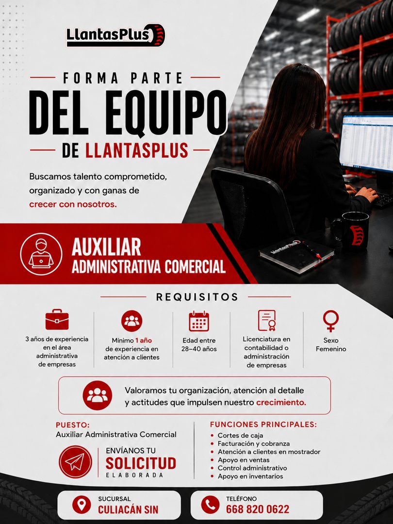 Banner del anuncio de la vacante: LlantasPlus · FORMA PARTE · DEL EQUIPO · — DE LLANTASPLUS · Buscamos talento comprometido, · organizado y con ganas de · crecer con nosotros