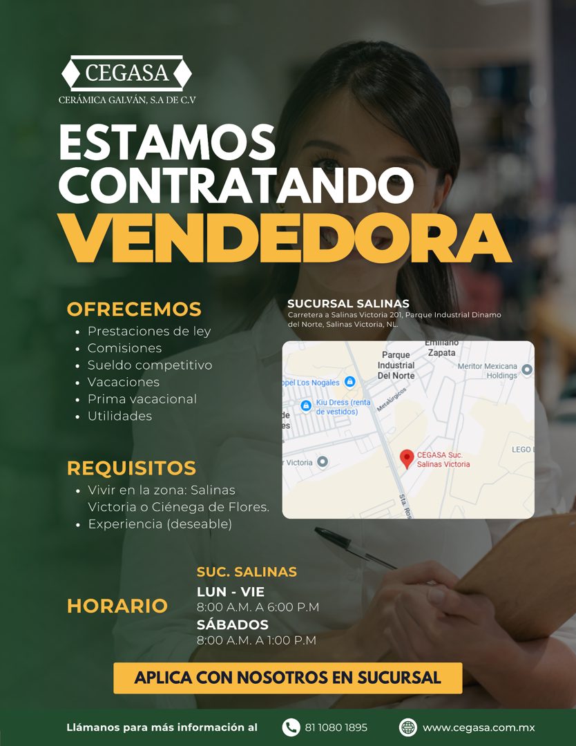 Banner del anuncio de la vacante: CEGASA · CERÁMICA GALVÁN, S.A DE C.V · ESTAMOS · CONTRATANDO · VENDEDORA · OFRECEMOS · • Prestaciones de ley · • Comisiones · • Sueldo compe