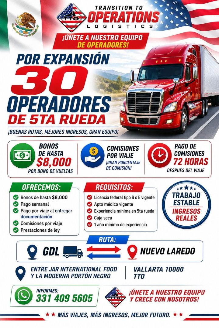 Banner del anuncio de la vacante: TRANSITION TO · OPERATIONS · LOGI · STICS · ¡UNETE A NUESTRO EQUIPO · DE OPERADORES! · POR EXPANSIÓN · 30 · OPERADORES · DE 5TA RUEDA · ¡BUE