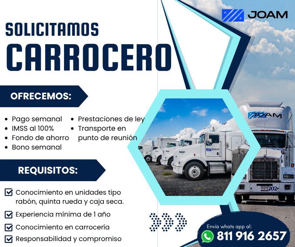 Banner del anuncio de la vacante: SOLICITAMOS · CARROCERO · OFRECEMOS: · • Pago semanal · • Prestaciones de ley · • IMSS al 100% · • Transporte en · • Fondo de ahorro punto d