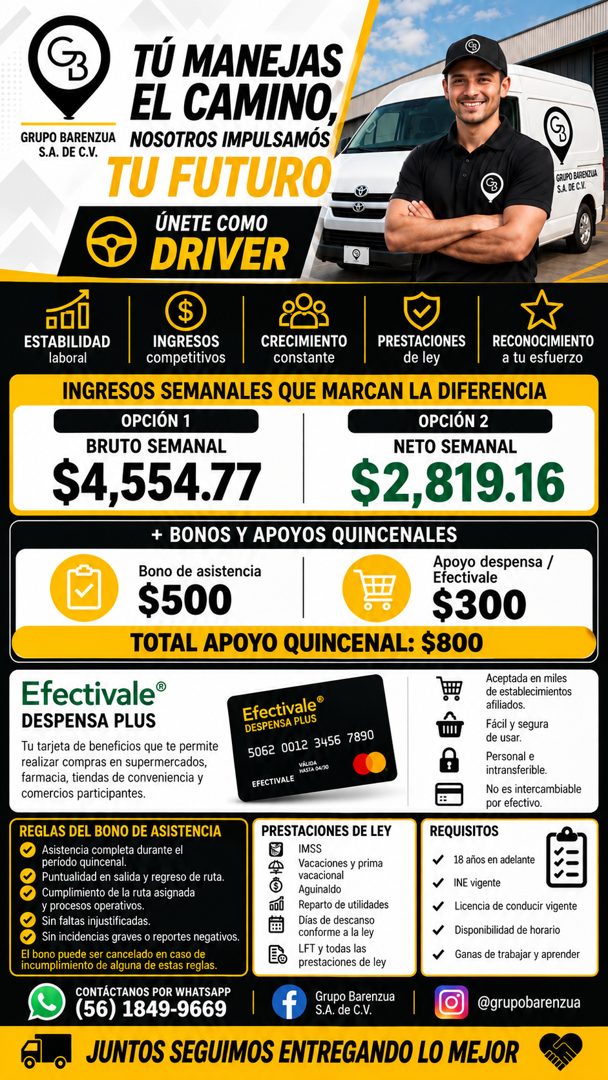 Banner del anuncio de la vacante: TÚ MANEJAS · EL CAMINO, · GRUPO BARENZUA · NOSOTROS IMPULSAMÓS · S.A. DE C.V. · TU FUTURO · ÚNETE COMO · DRIVER · GRUPO BURENZUA · S.A. DE C