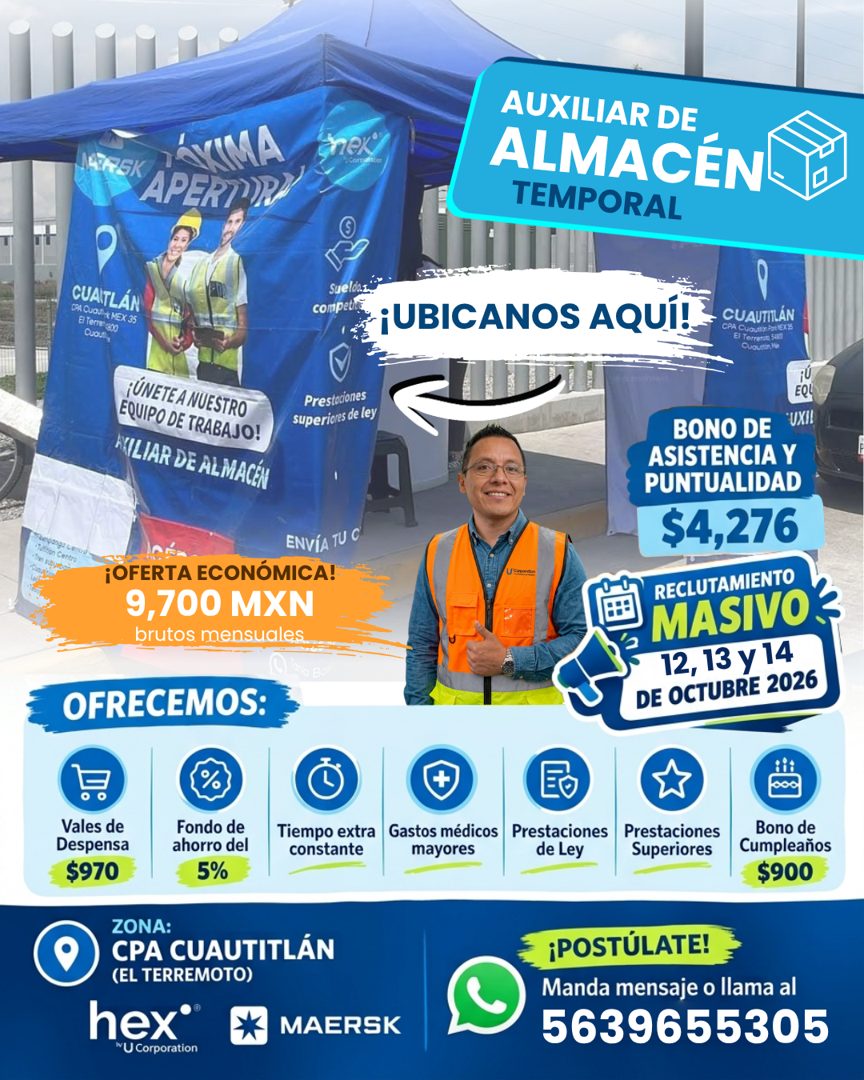 Banner del anuncio de la vacante: 147R5K DOVIMA · APERTO? · AUXILIAR DE · ALMACÉN · TEMPORAL · CUATLÁN · CON QUOUHE MEX 35 · El Terren c300 · ¡ÚNETE A NUESTRO · EQUIPO DE TRA