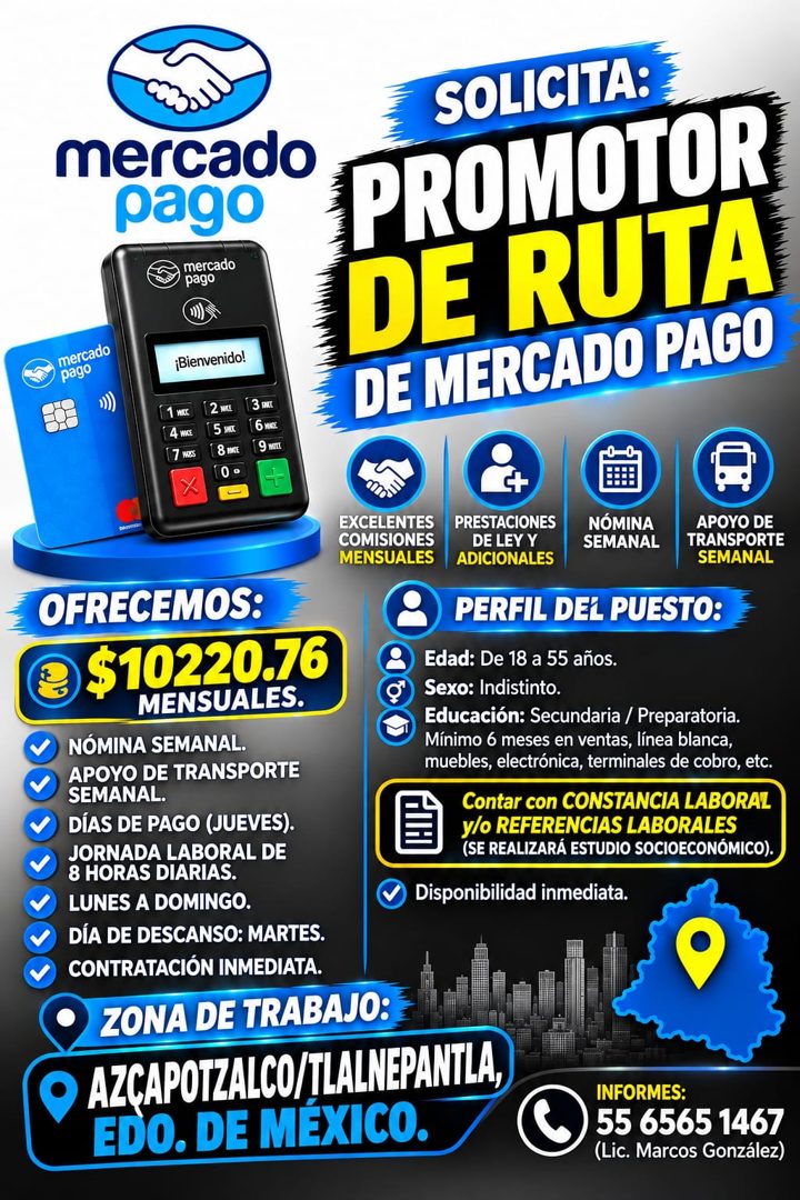 Banner del anuncio de la vacante: mercado · pago · mercado · pago · mercado · pago · ¡Bienvenido! · 4 WCE · 7 wES · 2 WHE · 5 жк · 18 MMFE · 0° · SOLICITA: · PROMOTOR · DE RU