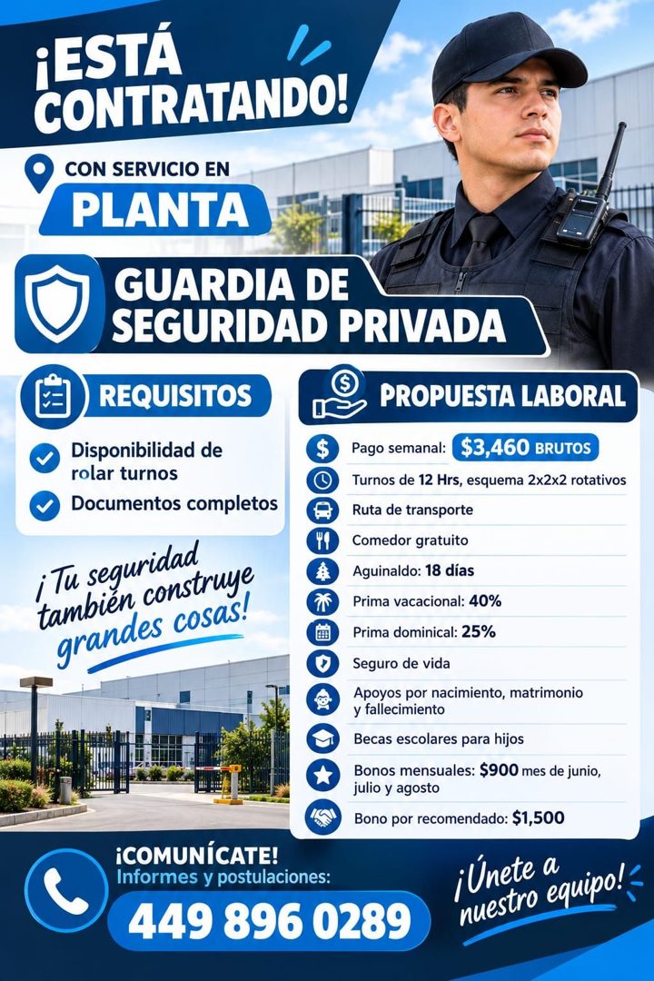 Banner del anuncio de la vacante: ¡ESTA · CONTRATANDO! · CON SERVICIO EN · PLANTA · GUARDIA DE · SEGURIDAD PRIVADA · REQUISITOS · PROPUESTA LABORAL · Disponibilidad de · rola