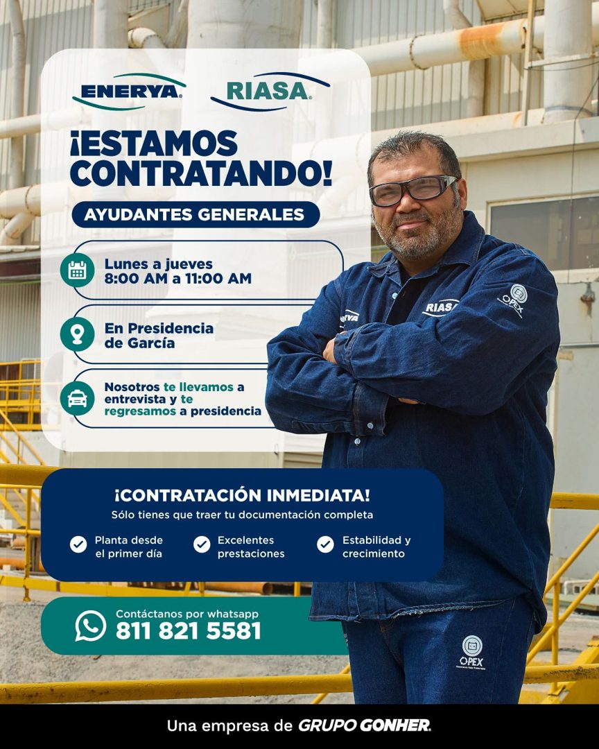Banner del anuncio de la vacante: ENERYA. · RIASA. · ¡ESTAMOS · CONTRATANDO! · AYUDANTES GENERALES · Lunes a jueves · 8:00 AM a 11:00 AM · RIAS/ · En Presidencia · de García 