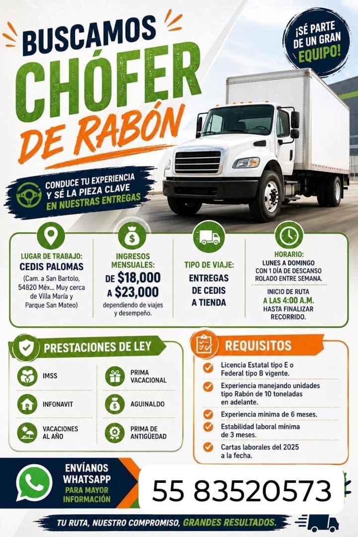 Banner del anuncio de la vacante: BUSCAMOS · CHOFER · DE RABÓN · CONDUCE TU EXPERIENCIA · Y SÉ LA PIEZA CLAVE · EN NUESTRAS ENTREGAS · ¡SÉ PARTE · DE UN GRAN · EQUIPO! · LUGA