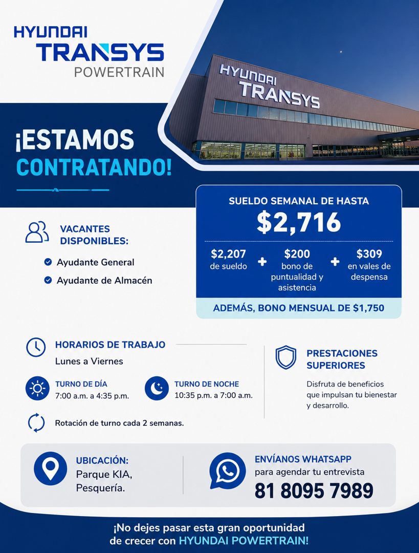 Banner del anuncio de la vacante: HYUNDAI · TRANSYS · POWERTRAIN · HYUNDAI · TRANSYS · ¡ESTAMOS · CONTRATANDO! · VACANTES · DISPONIBLES: · • Ayudante General · • Ayudante de 