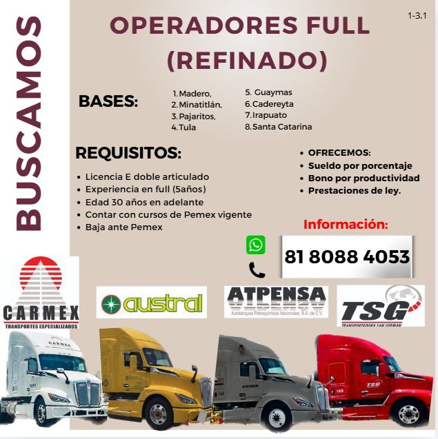 Banner del anuncio de la vacante: 1-3.1 · OPERADORES FULL · (REFINADO) · BASES: · 1. Madero. · 2. Minatitlán. · 3. Pajaritos, · 4. Tula · 5. Guaymas · 6. Cadereyta · 7. Irapu