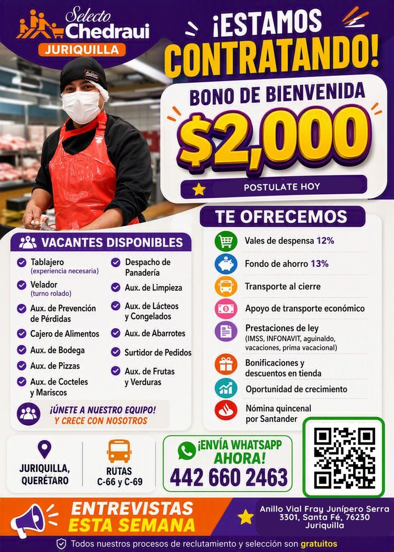 Banner del anuncio de la vacante: Selecto. · BA-Chedraui · JURIQUILLA · ¡ESTAMOS · CONTRATANDO! · BONO DE BIENVENIDA · $2,000 · POSTULATE HOY · TE OFRECEMOS · VACANTES DISPON