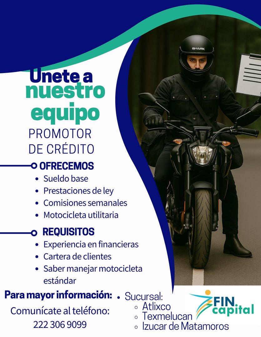 Banner del anuncio de la vacante: SHARK · Unete a · nuestro · equipo · PROMOTOR · DE CRÉDITO · • OFRECEMOS · • Sueldo base · • Prestaciones de ley · • Comisiones semanales · 