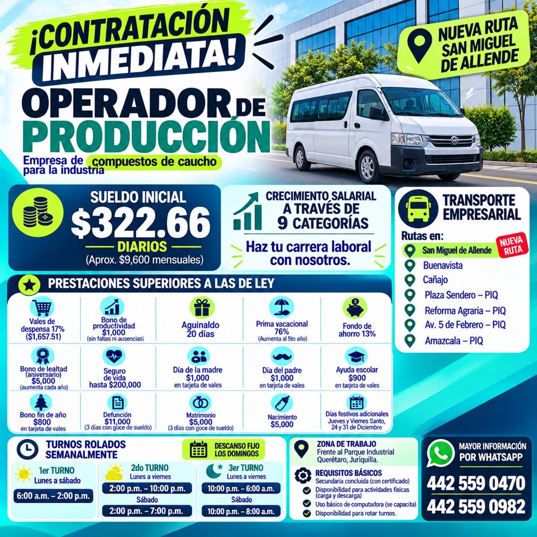 Banner del anuncio de la vacante: ¡CONTRATACIÓN · INMEDIATA! · OPERADOR DE · PRODUCCION · Empresa de · compuestos de caucho · para la industria · SUELDO INICIAL · $322.66 · •