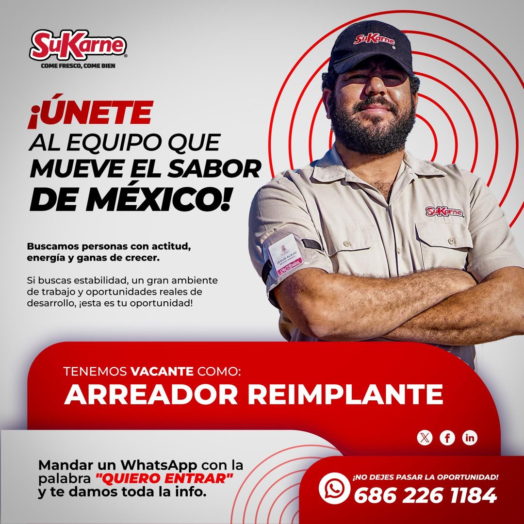 Banner del anuncio de la vacante: SiKarne · COME FRESCO, COME BIEN · ¡ÚNETE · AL EQUIPO QUE · MUEVE EL SABOR · DE MÉXICO! · Buscamos personas con actitud, · energía y ganas d