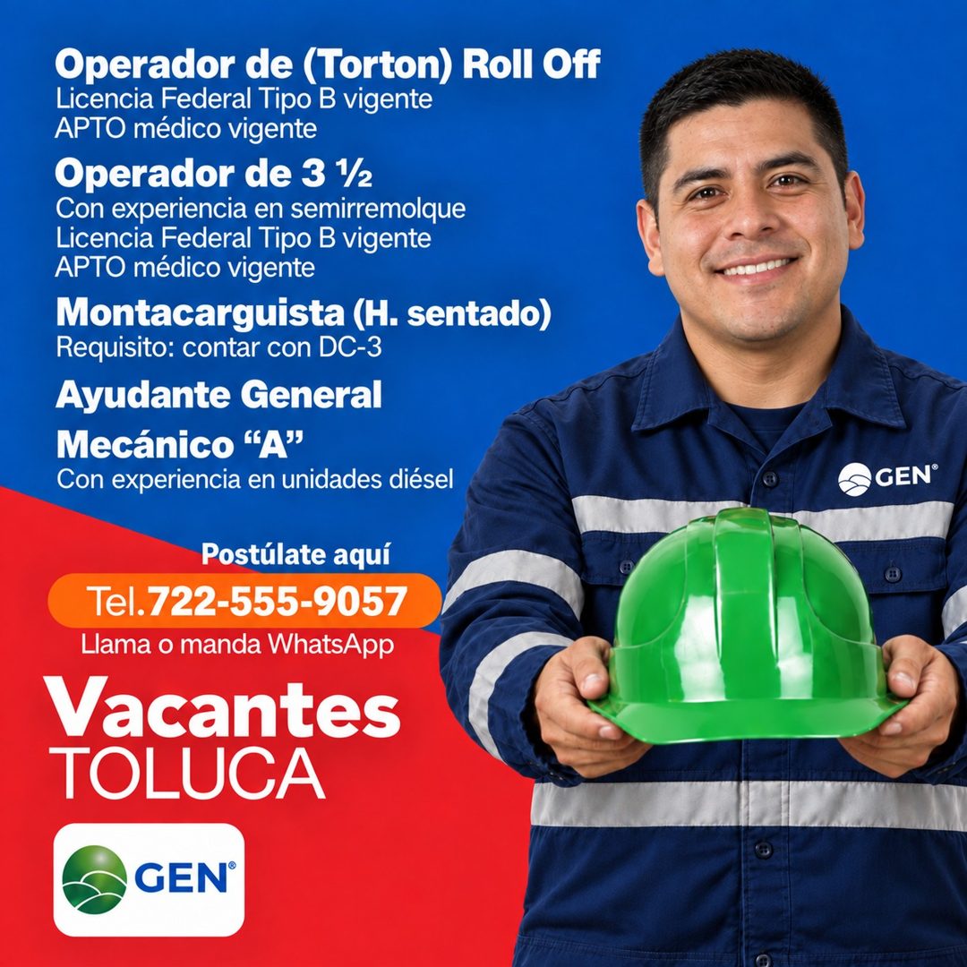 Banner del anuncio de la vacante: Operador de (Torton) Roll Off · Licencia Federal Tipo B vigente · APTO médico vigente · Operador de 3 ½ · Con experiencia en semirremolque ·