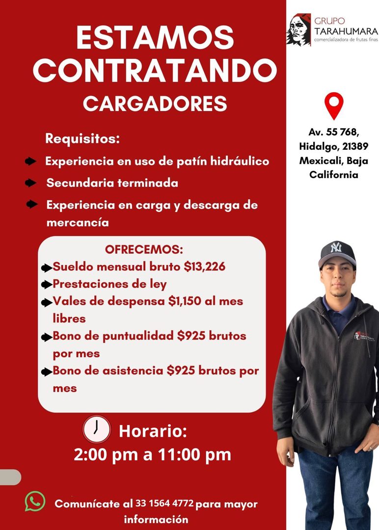 Banner del anuncio de la vacante: ESTAMOS · CONTRATANDO · CARGADORES · Requisitos: · Experiencia en uso de patín hidráulico · Secundaria terminada · Experiencia en carga y de