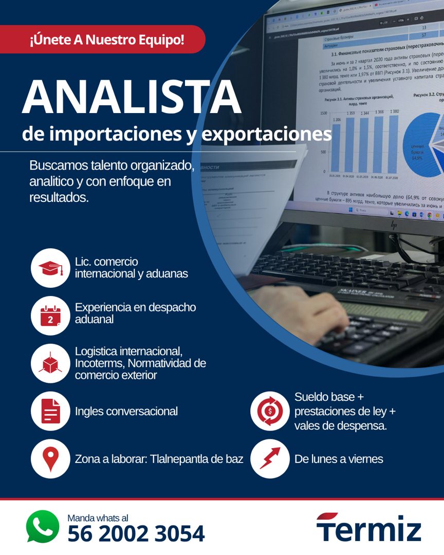 Banner del anuncio de la vacante: ¡Únete A Nuestro Equipo! · ANALISTA · de importaciones y exportaciones · • О замков · 0m, 220,12,1, 27473305090041313365040c cogeal1241758 p