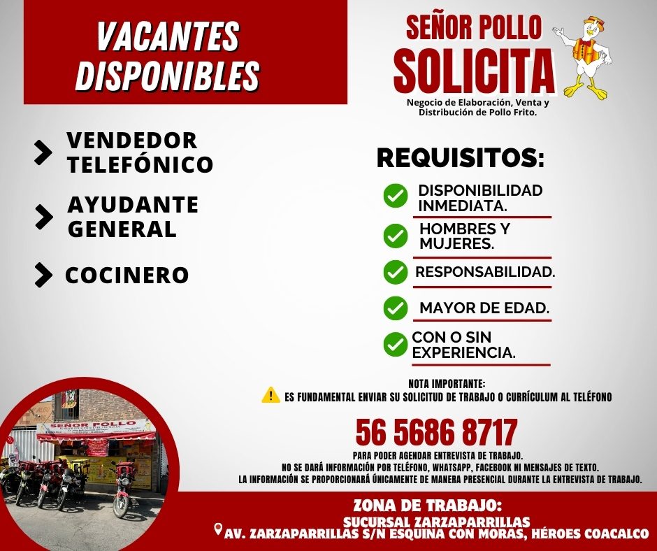 Banner del anuncio de la vacante: VACANTES · DISPONIBLES · VENDEDOR · • TELEFÓNICO · > AYUDANTE · GENERAL · > COCINERO · SEÑOR POLLO · SOLICITA · Negocio de Elaboración, Vent