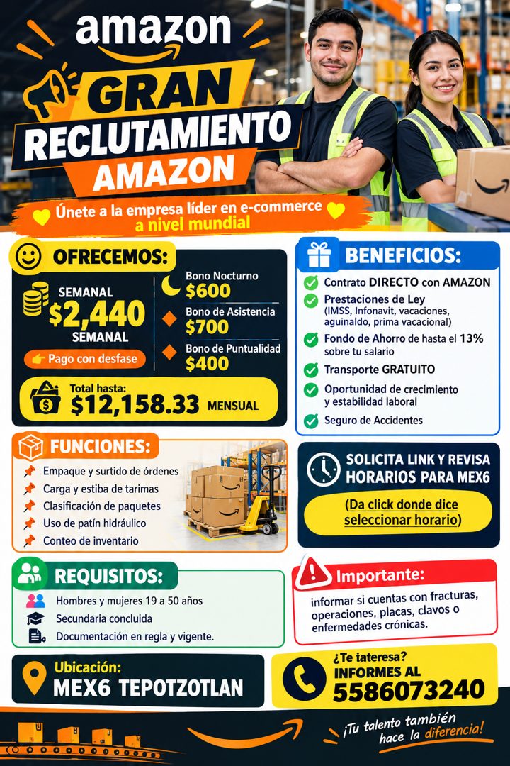 Banner del anuncio de la vacante: amazon · 1 GRAN · RECLUTAMIENTO · AMAZON · Únete a la empresa líder en e-commerce · a nivel mundial · OFRECEMOS: · SEMANAL · $2,440 · SEMANA