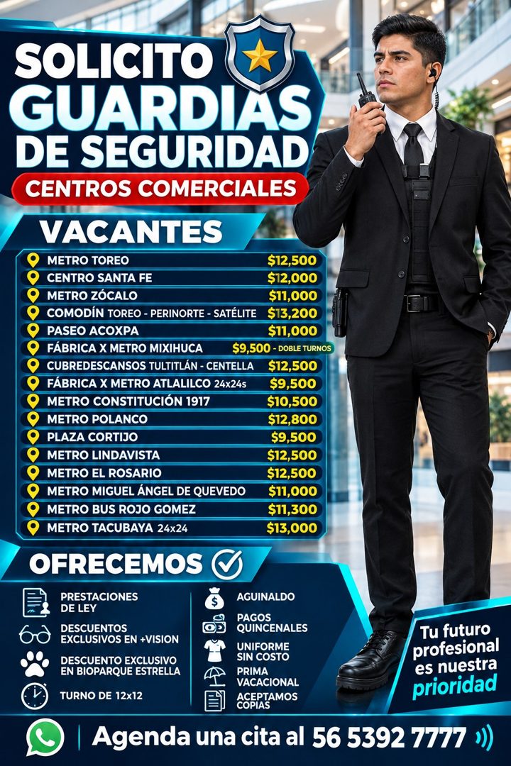 Banner del anuncio de la vacante: SOLICITO · GUARDIAS · DE SEGURIDAD · CENTROS COMERCIALES · CoO · VACANTES · METRO TOREO · $12,500 · CENTRO SANTA FE · $12,000 · METRO ZÓCALO
