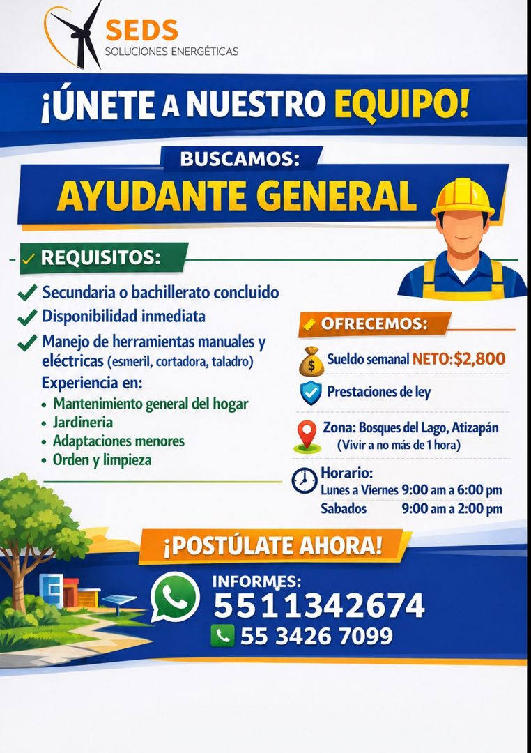Banner del anuncio de la vacante: SEDS · SOLUCIONES ENERGÉTICAS · ¡ÚNETE A NUESTRO EQUIPO! · BUSCAMOS: · AYUDANTE GENERAL · - v REQUISITOS: · Secundaria o bachillerato conclu