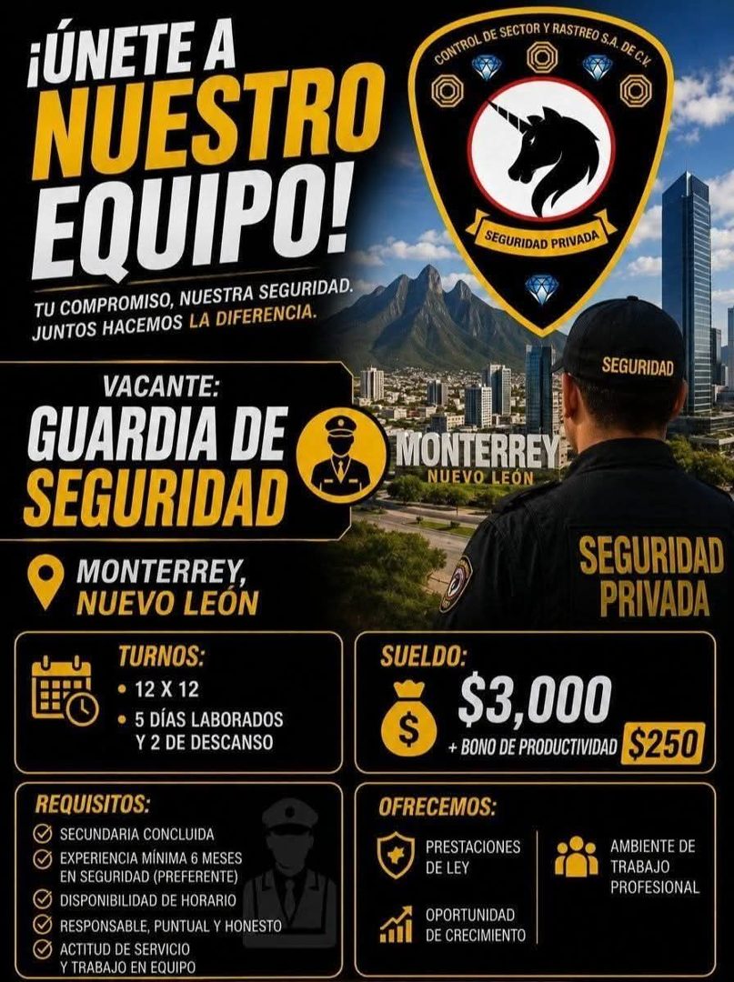 Banner del anuncio de la vacante: ¡ÚNETE A · NUESTRO · EQUIPO! · TU COMPROMISO, NUESTRA SEGURIDAD. · JUNTOS HACEMOS LA DIFERENCIA. · VACANTE: · GUARDIA DE · SEGURIDAD · MONTE