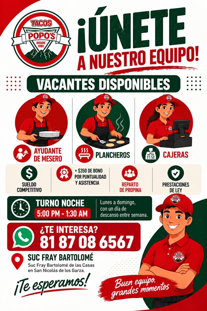 Banner del anuncio de la vacante: TACOS · POPO'S · DESDE · 1981 · ¡ÚNETE · A NUESTRO EQUIPO! · VACANTES DISPONIBLES · AYUDANTE · DE MESERO · PLANCHEROS · CAJERAS · $ · SUELDO