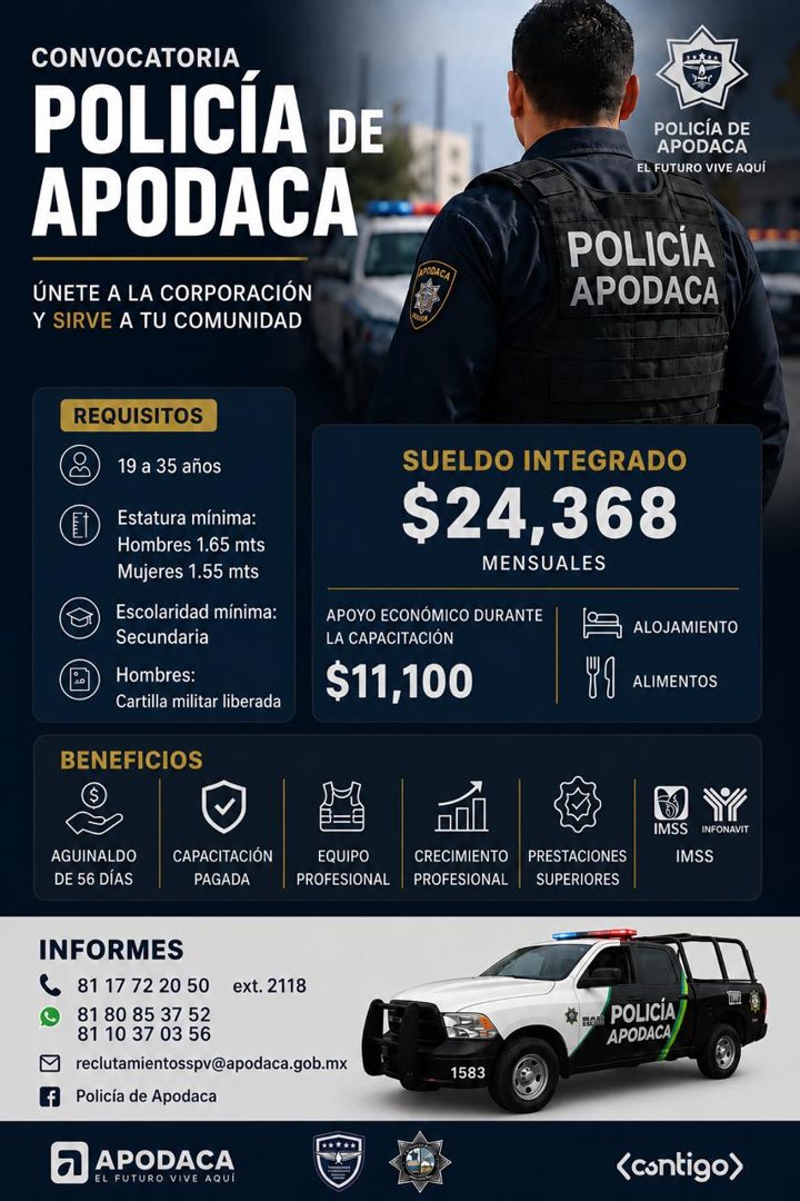 Banner del anuncio de la vacante: CONVOCATORIA · POLICIA DE · APODACA · ÚNETE A LA CORPORACIÓN · Y SIRVE A TU COMUNIDAD · LAODACA · 2000,2052 · POLICÍA DE · APODACA · EL FUTU