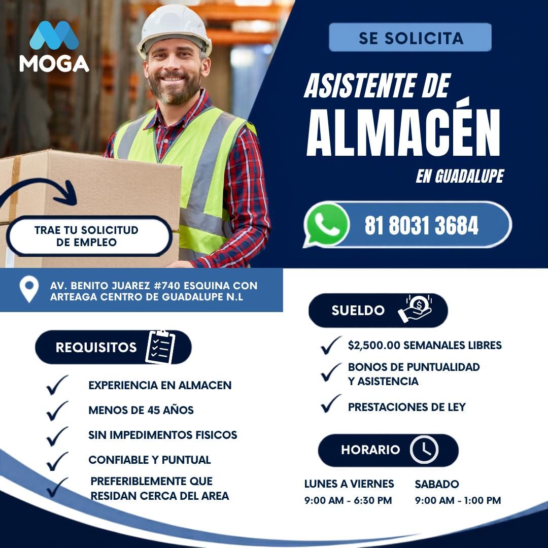 Banner del anuncio de la vacante: MOGA · TRAE TU SOLICITUD · DE EMPLEO · AV. BENITO JUAREZ #740 ESQUINA CON · ARTEAGA CENTRO DE GUADALUPE N.L · REQUISITOS E= · EXPERIENCIA EN