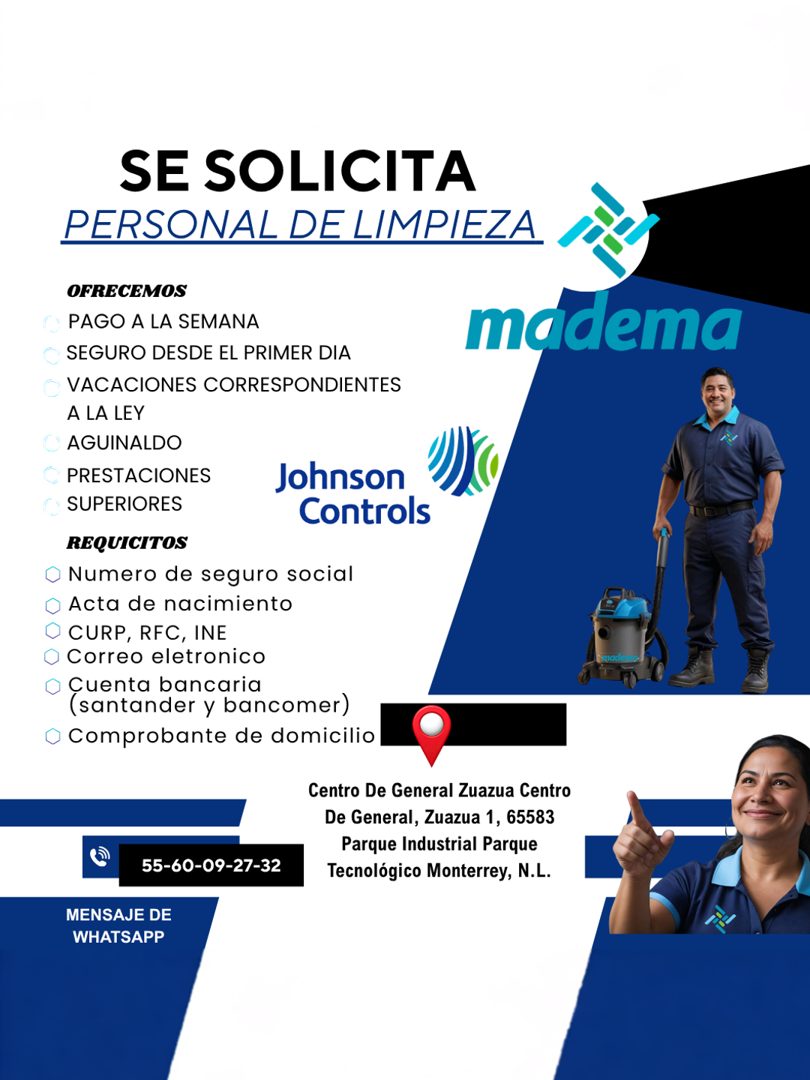Banner del anuncio de la vacante: SE SOLICITA · PERSONAL DE LIMPIEZA PA · OFRECEMOS · PAGO A LA SEMANA · SEGURO DESDE EL PRIMER DIA · VACACIONES CORRESPONDIENTES · A LA LEY ·