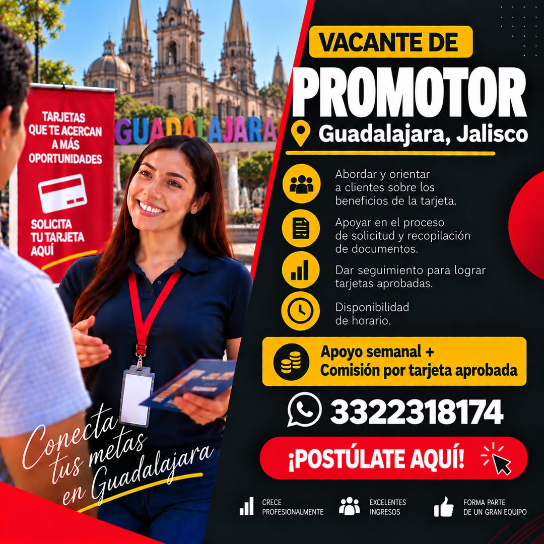 Banner del anuncio de la vacante: TARJETAS · QUE TE ACERCAN · A MÁS · OPORTUNIDADES · GUADA VAR · SOLICITA · TU TARJETA · AQUÍ · Copecta · tus metas · en Guadalajara · VACANT