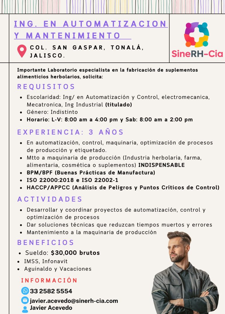 Banner del anuncio de la vacante: ING. EN AUTOMATIZACION · Y MANTENIMIENTO · COL. SAN GASPAR, TONALÁ, · JALISCO. · SineRH-Cia · Importante Laboratorio especialista en la fabr
