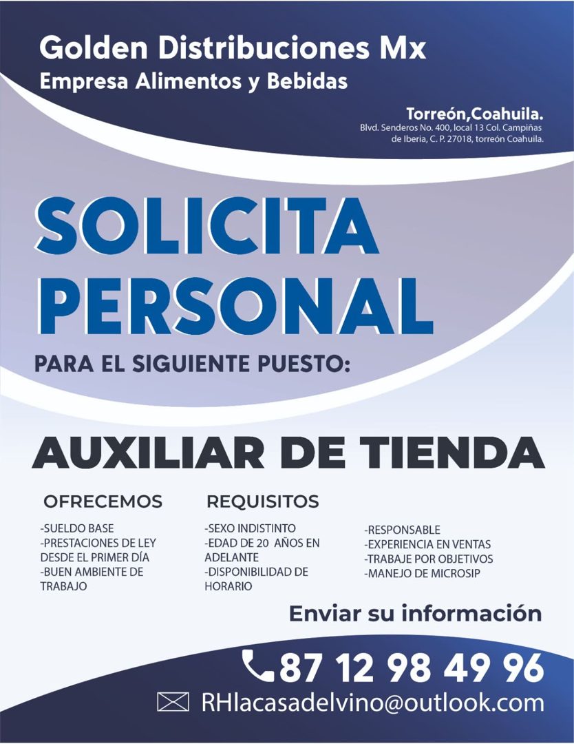 Banner del anuncio de la vacante: Golden Distribuciones Mx · Empresa Alimentos y Bebidas · Torreón, Coahuila. · Blvd. Senderos No. 400, local 13 Col. Campiñas · de Iberia, C.