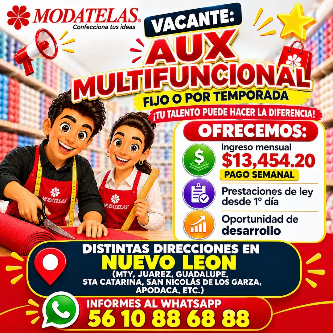 Banner del anuncio de la vacante: MODATELAS. · Confecciona tus ideas · VACANTE: · AUX · MULTIFUNCIONAL · FIJO O POR TEMPORADA · ¡TU TALENTO PUEDE HACER LA DIFERENCIA! · OFREC
