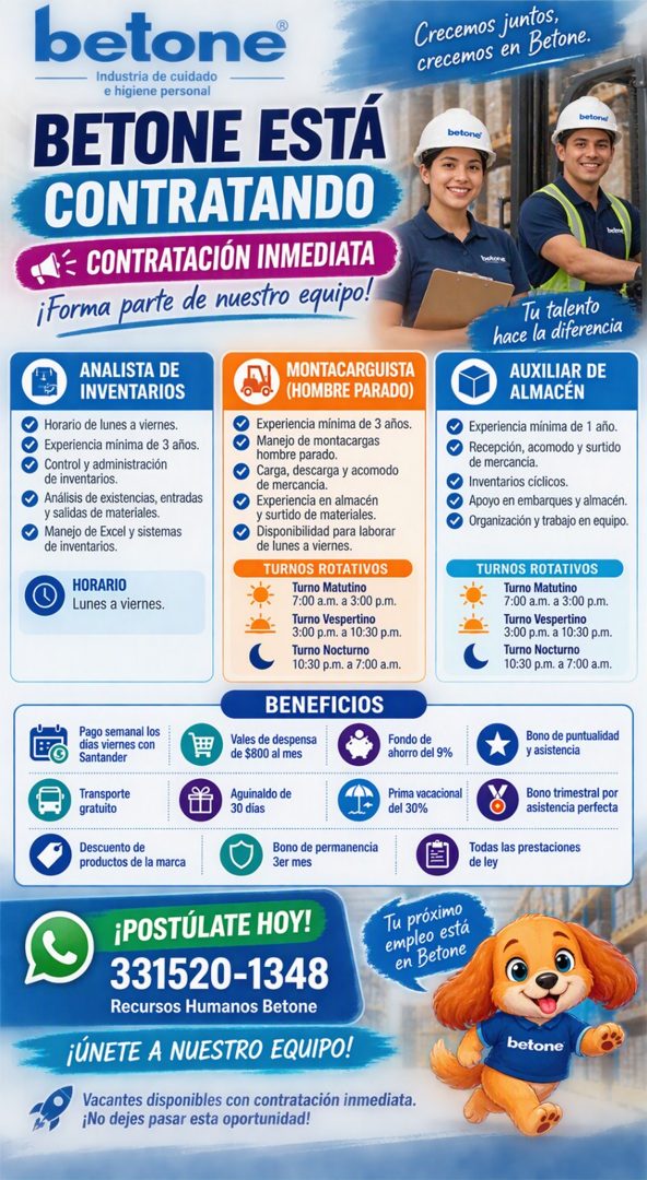 Banner del anuncio de la vacante: betone® · Industria de cuidado · e higiene personal · BETONE ESTÁ · CONTRATANDO · betone · CONTRATACIÓN INMEDIATA · ¡Forma parte de nuestro 